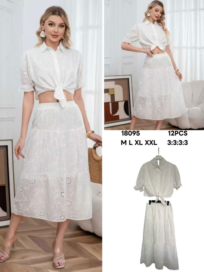 Completo traforato con camicia annodata + gonna midi