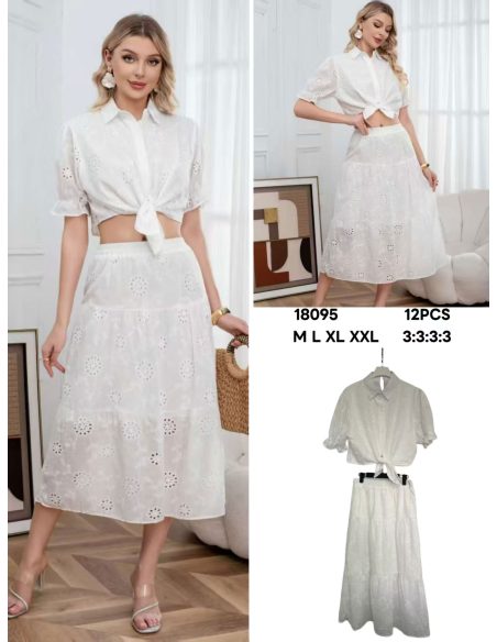 Completo traforato con camicia annodata + gonna midi