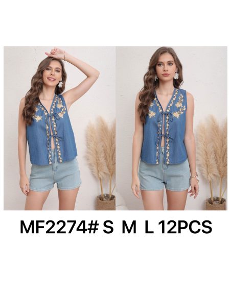 Top denim bordado lazos