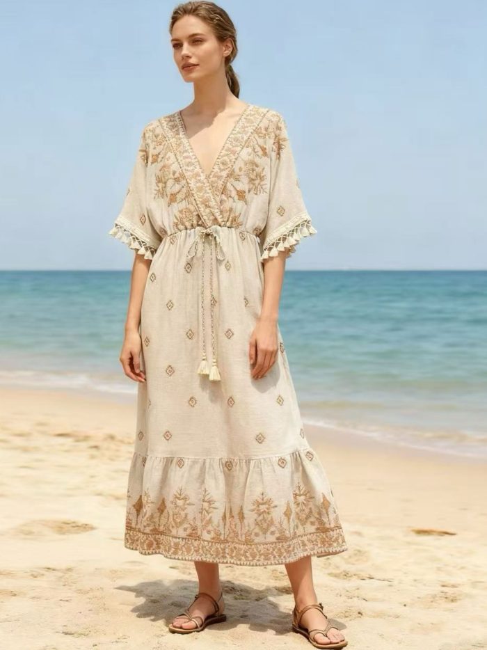 Vestido boho bordado cordón efecto lino