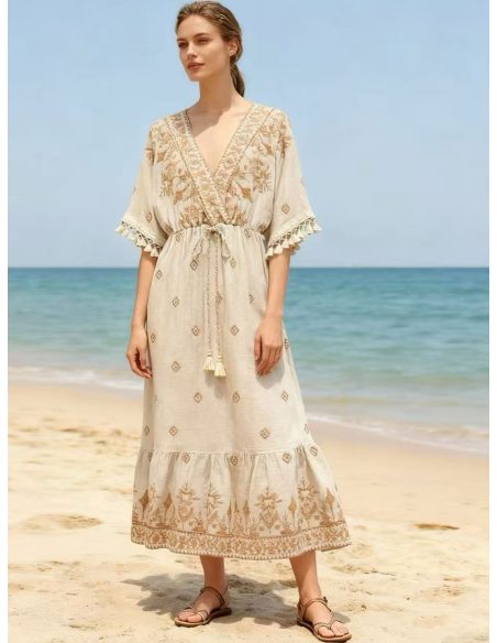 Vestido boho bordado cordón efecto lino