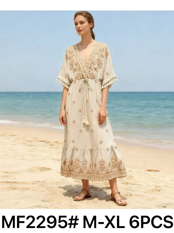 Vestido boho bordado cordón efecto lino