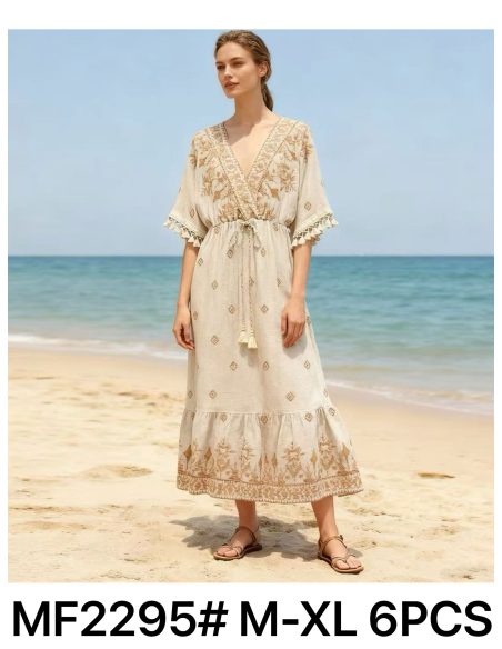 Vestido boho bordado cordón efecto lino