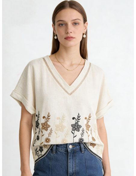 Blusa con scollo a V ricamata con fiori