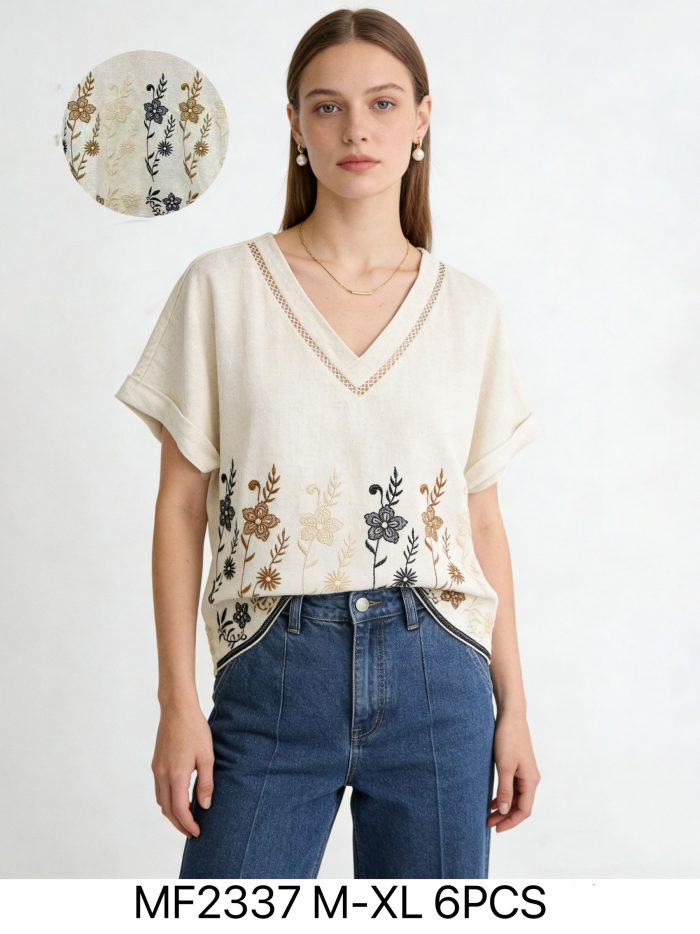 Blusa con scollo a V ricamata con fiori