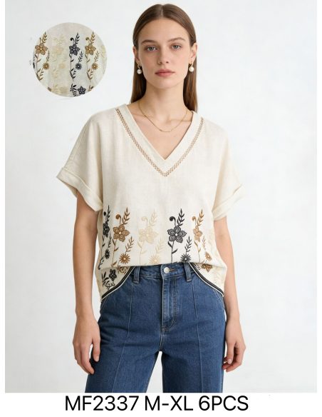 Blusa con scollo a V ricamata con fiori