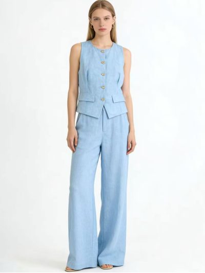 Conjunto chaleco + pantalón efecto lino