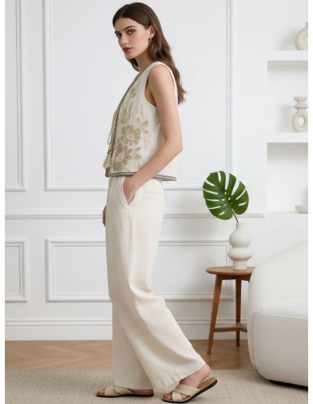 Ensemble gilet et pantalon en lin brodé