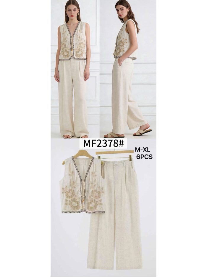 Ensemble gilet et pantalon en lin brodé