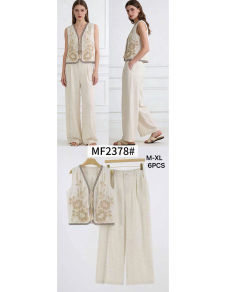 Ensemble gilet et pantalon en lin brodé