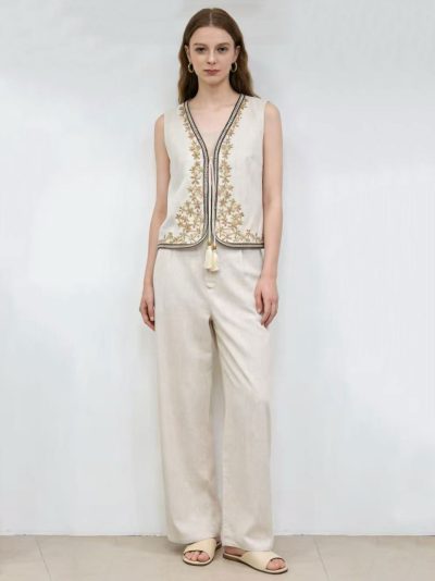 Conjunto chaleco lino bordado pasamanería + pantalón