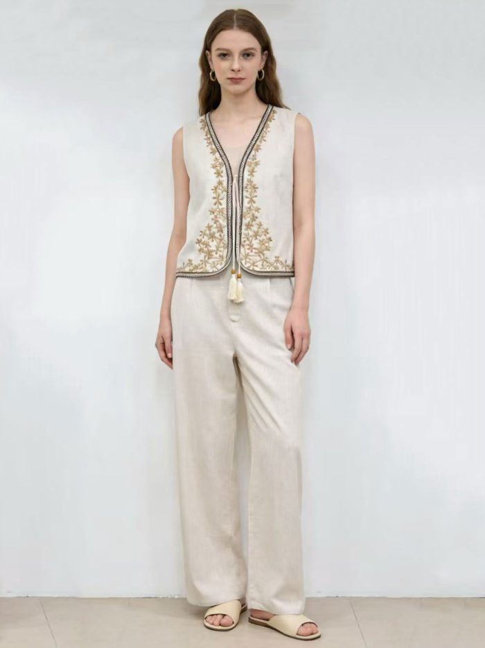 Conjunto chaleco lino bordado pasamanería + pantalón