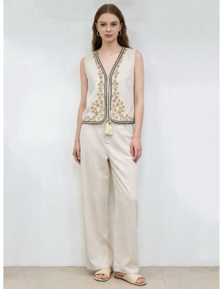 Conjunto chaleco lino bordado pasamanería + pantalón