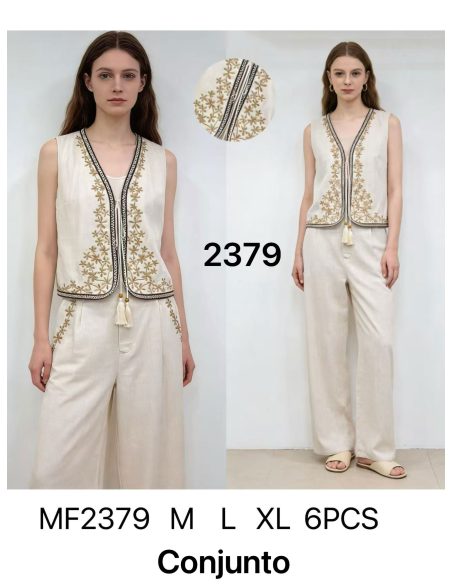 Conjunto chaleco lino bordado pasamanería + pantalón