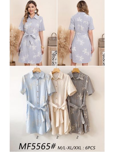 Vestido camisero rayas hojas bordadas cinturón 2