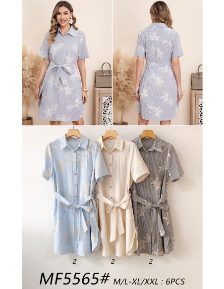 Abito camicia con righe, foglie ricamate e cintura