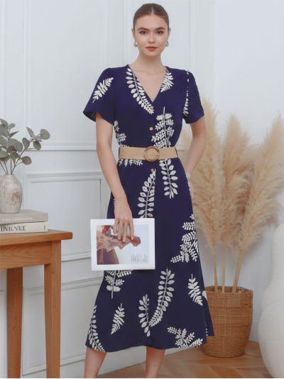 Vestido bordado hojas cinturón