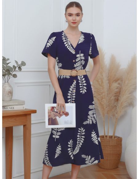 Vestido bordado hojas cinturón