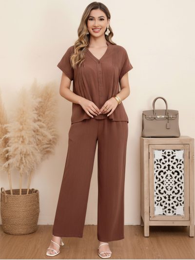 Conjunto de blusa e calça plissada com efeito linho