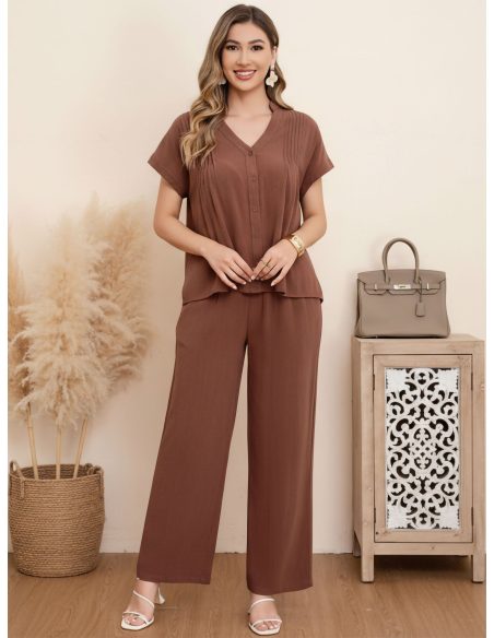 Conjunto de blusa e calça plissada com efeito linho