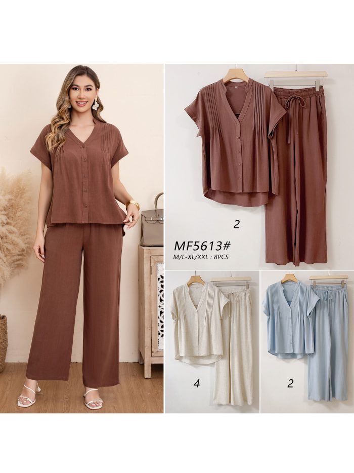 Conjunto de blusa e calça plissada com efeito linho