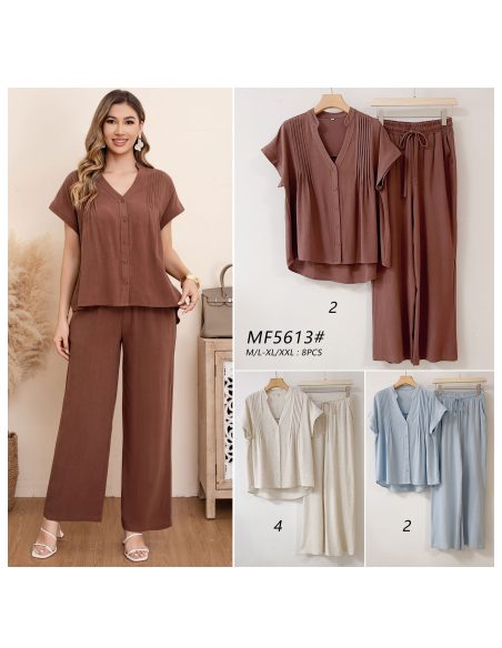 Conjunto de blusa e calça plissada com efeito linho