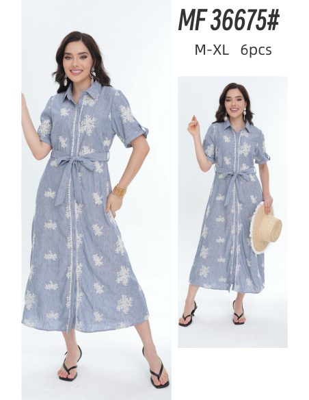 Robe chemise longue avec ceinture brodée