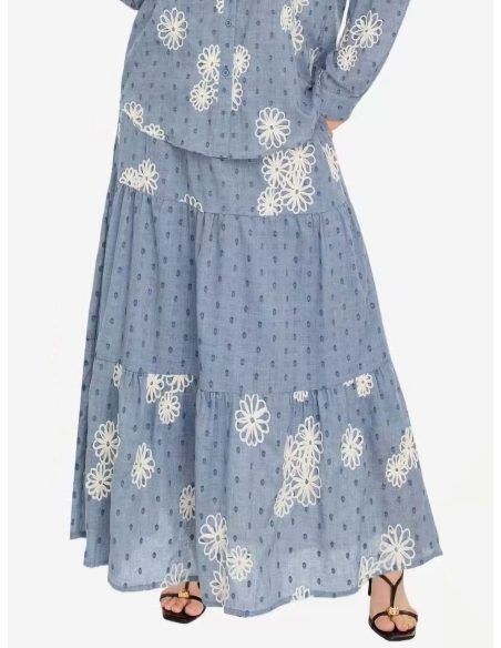 Embroidered blue daisy midi skirt