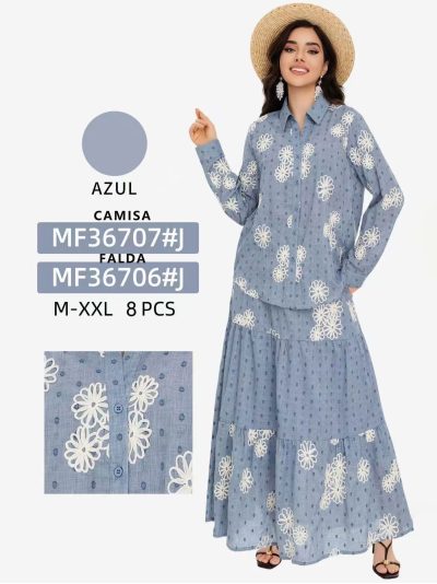 Falda midi azul bordada margaritas 2