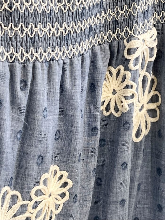 Embroidered blue daisy midi skirt