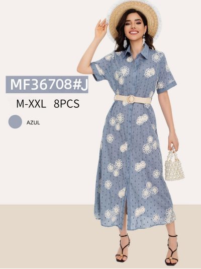 Vestido camisero azul bordado margaritas 2