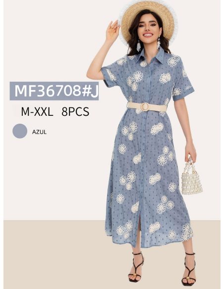 Vestido camisero azul bordado margaritas