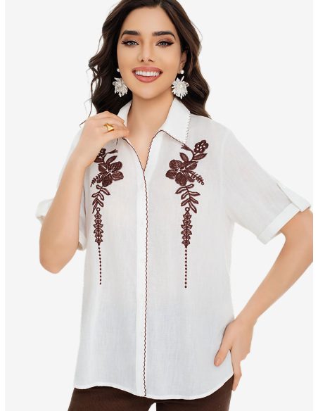 Bluse mit Blumenstickerei und kontrastierender Borte