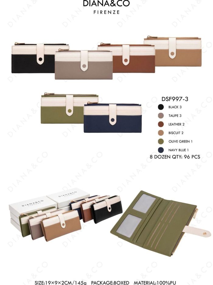 Bicolor long zip wallet with tab closure