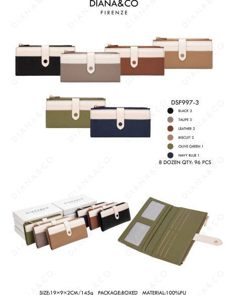Bicolor long zip wallet with tab closure