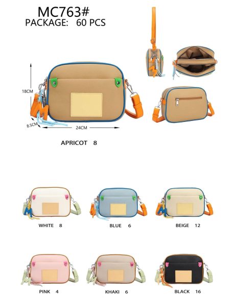 Borsa a tracolla bicolore in stile macchina fotografica con portachiavi