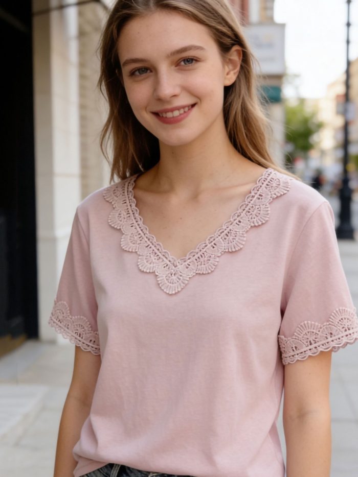 T-shirt à col en V avec bordure en dentelle