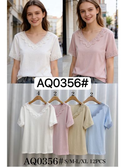 Camiseta escote pico ribete de encaje 2