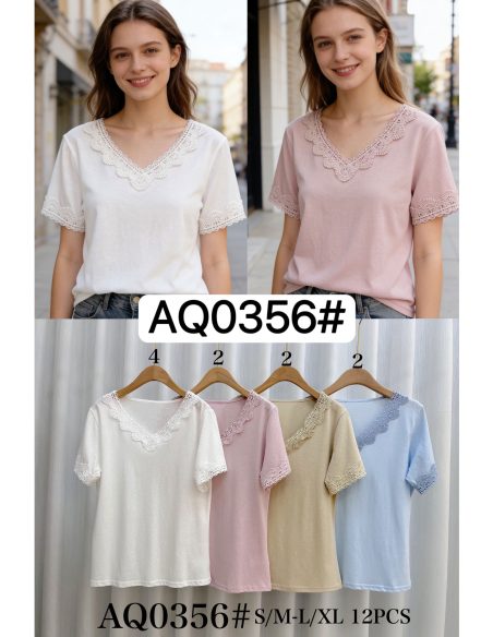 T-shirt à col en V avec bordure en dentelle