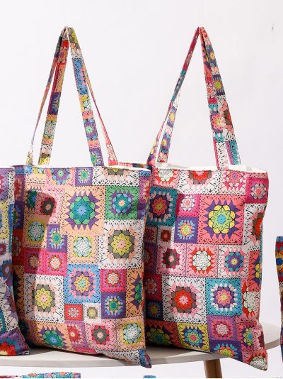 Bolsa tote canvas estampado patchwork colorido