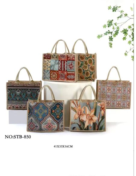 Borsa da spiaggia in iuta con stampa etnica