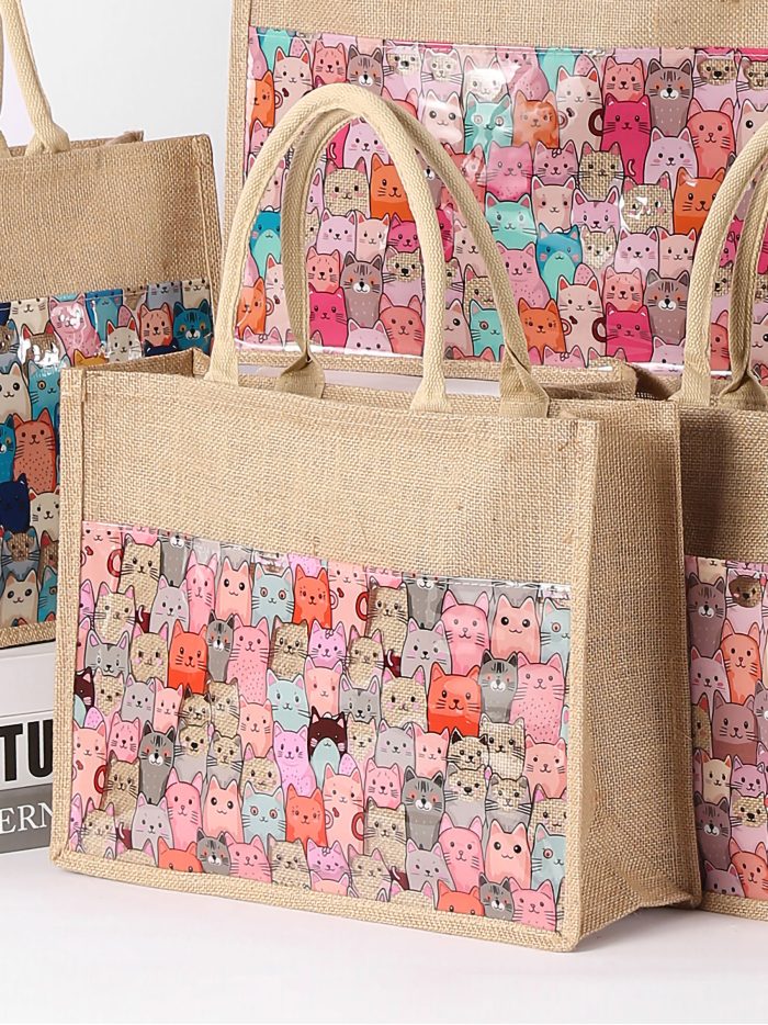 Sac de plage en jute avec poche transparente et imprimé chaton