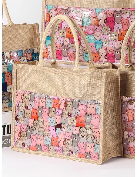 Sac de plage en jute avec poche transparente et imprimé chaton