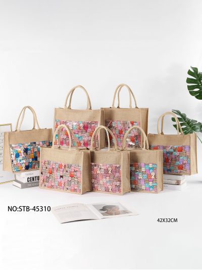 Bolso de playa yute bolsillo transparente estampado gatitos 2