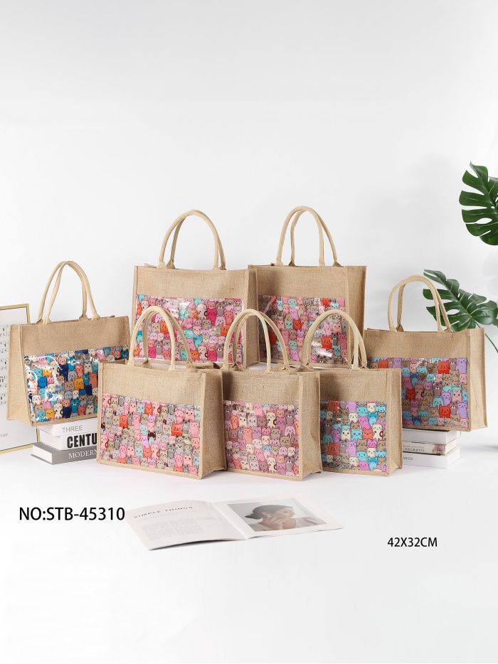 Sac de plage en jute avec poche transparente et imprimé chaton