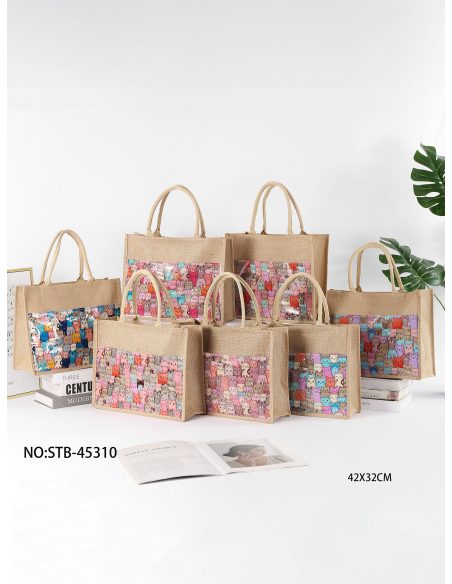 Sac de plage en jute avec poche transparente et imprimé chaton