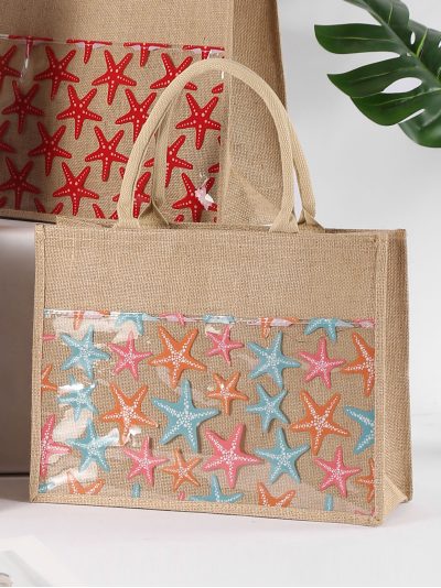Bolso de playa yute bolsillo transparente estampado estrellas de mar