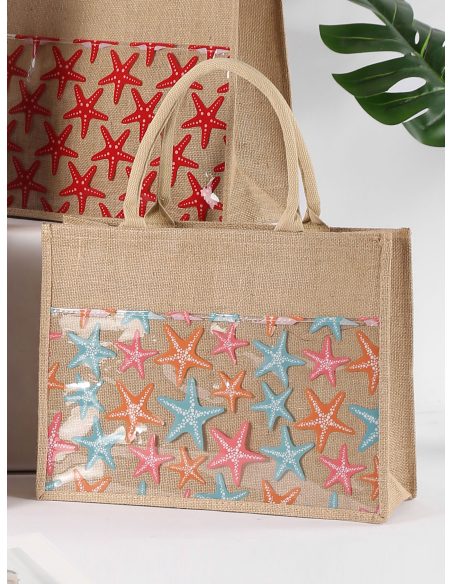 Borsa da spiaggia in iuta con tasca trasparente e stampa a stelle marine