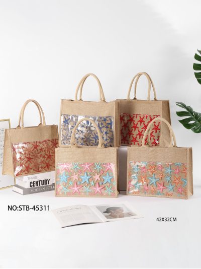 Bolso de playa yute bolsillo transparente estampado estrellas de mar 2