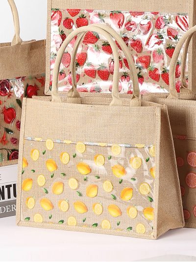 Bolso de playa yute bolsillo transparente estampado frutas